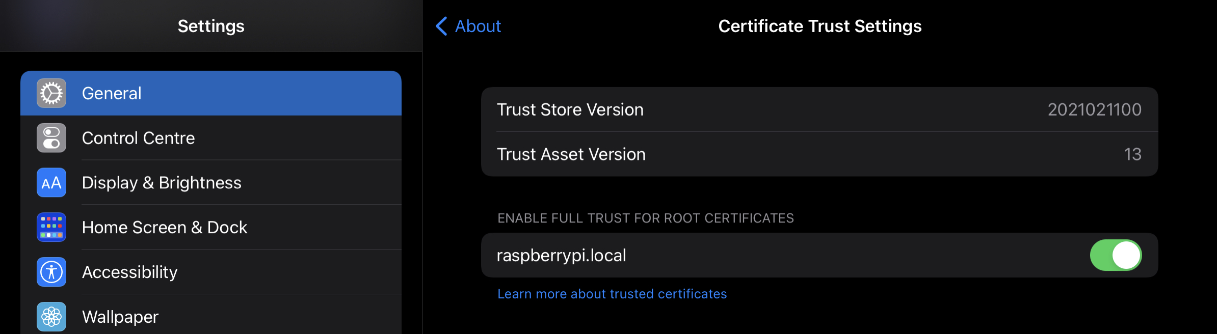 certificate trust settings