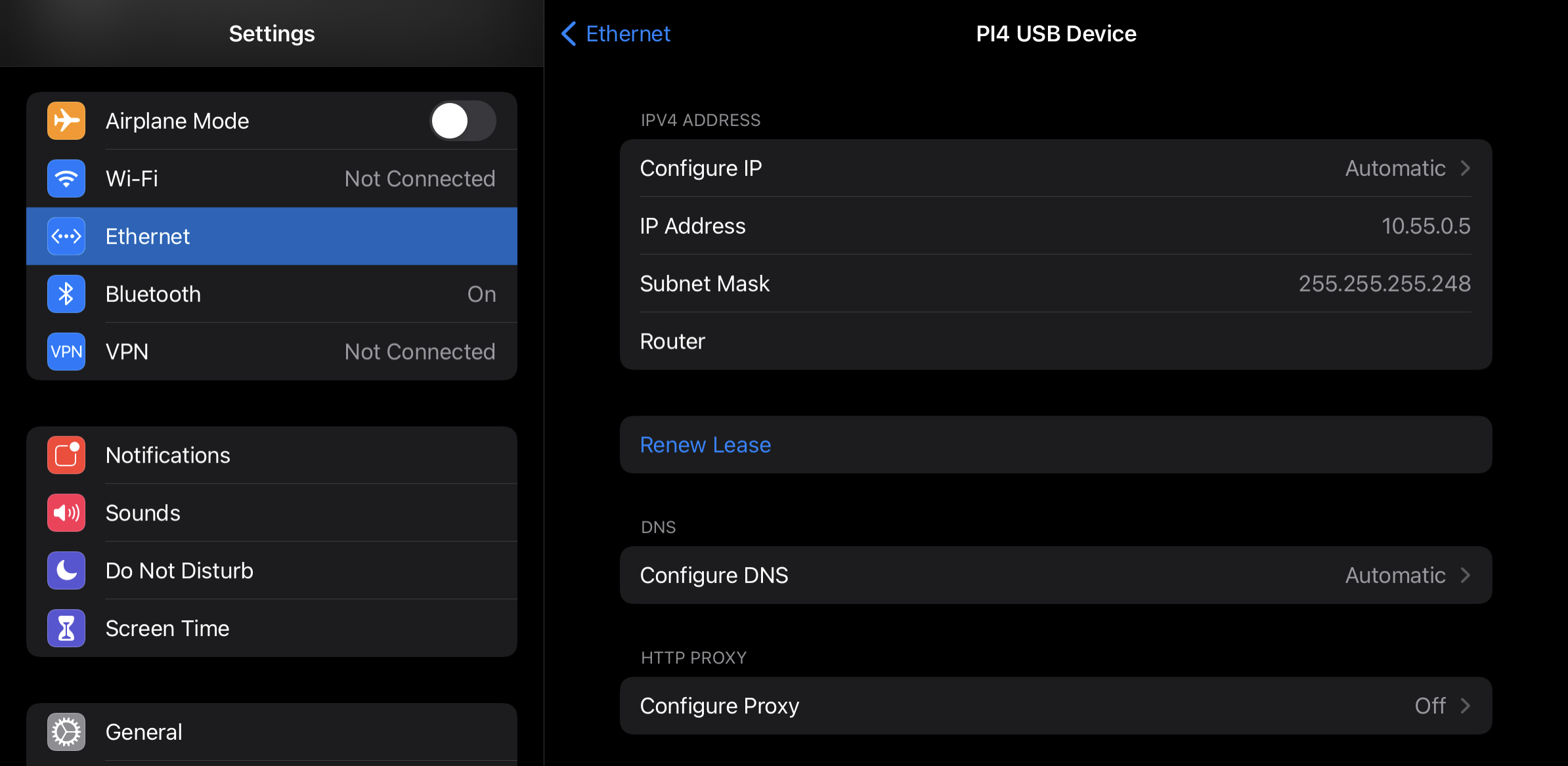 iPad settings network interface